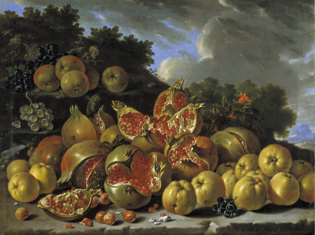 Pomegranates, apples, haws and grapes in a landscape, Luis Egidio Meléndez, 1771