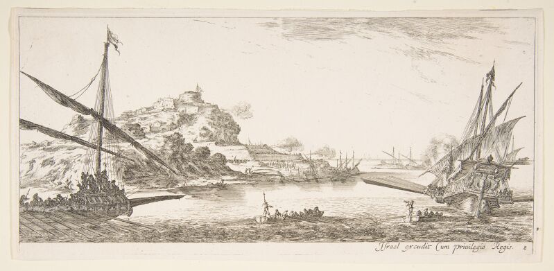 Plate 8: A the bow of a galley at left and another galley at right, seen from behind, two rowboats in center, a hill with a fortress in the background, from 'Various landscapes' (Divers paysages), Stefano della Bella, circa 1641