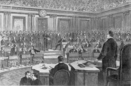 Formal notice of the impeachment of Andrew Johnson, by the House Committee, Thaddeus Stevens and John A. Bingham, at the bar of the Senate, Washington, D.C., on the 25th Feb. LCCN2002697737 (1), Frank Leslie, 14 March 1868