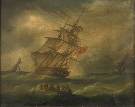 A frigate and a naval cutter chasing a French cutter, with a boat recovering a man overboard, James E. Buttersworth