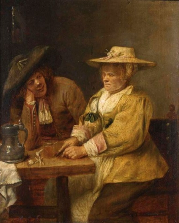 A couple at a table drinking and cutting tobacco., Joos van Craesbeeck, between 1635 and 1661