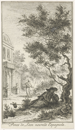 Man rustend onder een boom Ponce de Leon nouvelle Espagnola (titel op object), RP-P-OB-50.919, Simon Fokke, between 1722 and 1784