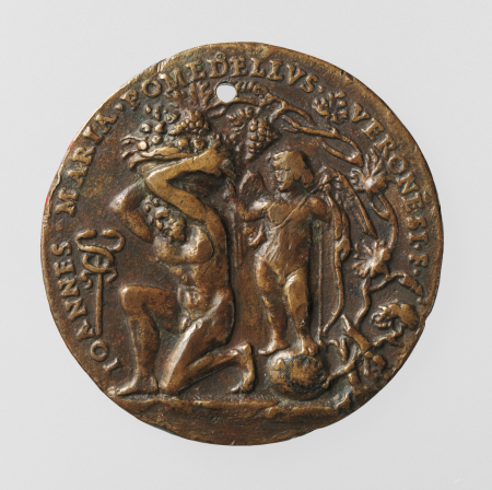 Portrait medal of an Unknown Lady (obverse); A Kneeling Man with a Basket of Fruit, Cupid, and the Caduceus of Mercury (reverse), Gianmaria Pomedello