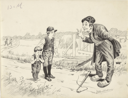 Man gebarend naar twee jongens in een landschap, RP-T-2015-41-351, between 1868 and 1931