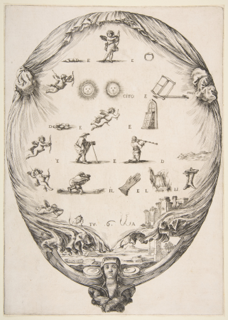 Rébus on the subject of love, a riddle depicted on drapery, below a landscape with a pyramid and two obelisks, a bust of a sphinx at bottom, an oval composition, Stefano della Bella, circa 1639