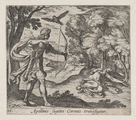 Plate 16: Apollo Killing Coronis (Appolinis sagitta Coronis transfigitur), from Ovid's 'Metamorphoses', Antonio Tempesta, 1606