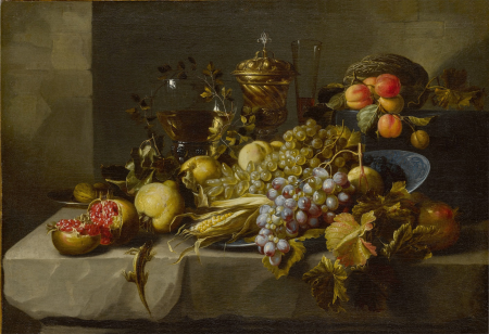Still life of grapes, pomegranates, walnuts, peaches, an ear of corn, various drinking vessels, and a lizard, all on a stone ledge, Alexander Coosemans, between 1645 and 1689