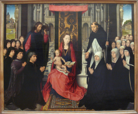 Maria and child with the Saints Jacob and Dominicus giving presents, Hans Memling, circa 1485-1490