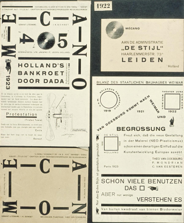 Mécano no. 4/5 White, Blanc, Wit, Weiss (front and back cover), Mécano Jaune, Geel, Gelb, Yellow (front cover) and a registration card., Theo van Doesburg, from 1922 until 1924