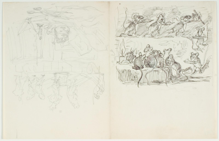 Sketches for H.C. Andersen, "Soup on a Sausage Stick" and "Pen and Inkhouse", Lorenz Frølich, 1866
