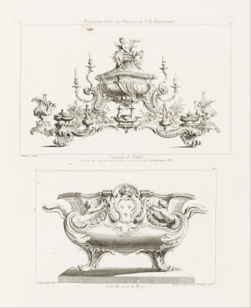 Neuvième Livre des Oeuvres de J.A. Meissonnier, Surtout de Table [Ninth Series of Works by J.A. Meissonnier, Design for Table Centerpiece], pl. 55 in Oeuvre de Juste-Aurèle Meissonnier, from 1742 until 1748