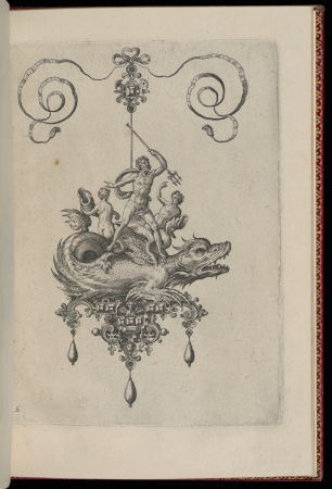 Print, Plate 6, from Bullarum Inaurium etc. Archetypi Artificiosi Pars Altera (Pendants, Earrings, etc. Designs of the Most Skillful Nature, Part Two), 1582, Adriaen Collaert