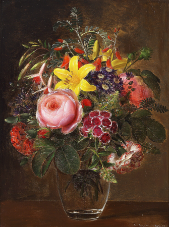 A colourful bouquet in a glass., Johan Laurentz Jensen, between 1818 and 1856