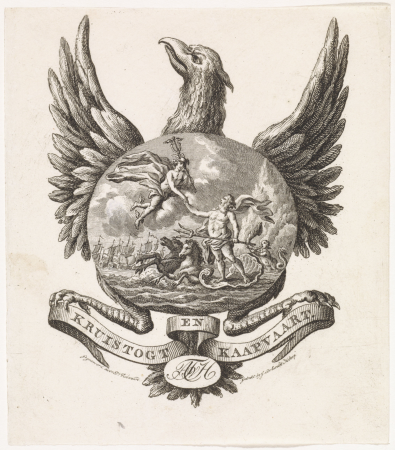 Adelaar met afbeelding van Neptunus en Mercurius Kruistogt en Kaapvaart (titel op object), RP-P-1982-1366, Daniël Veelwaard, between 1776 and 1851