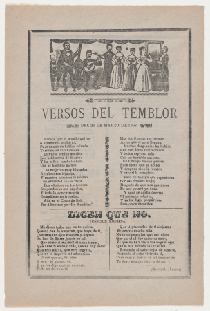 Broadsheet with songs relating to the earthquake that occurred on March 26, 1908, José Guadalupe Posada