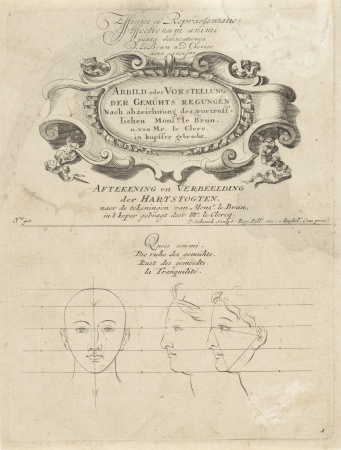 Ornamenteel cartouche en een rustige gezichtsuitdrukking Aftekening en verbeelding der hartstogten Abbild oder Vorstellung der Gemühts regungen Effigies et Repraesentatio Affectionum animi (serietitel op object), RP-P-1907-4854, Sébastien Leclerc, between 1692 and 1711