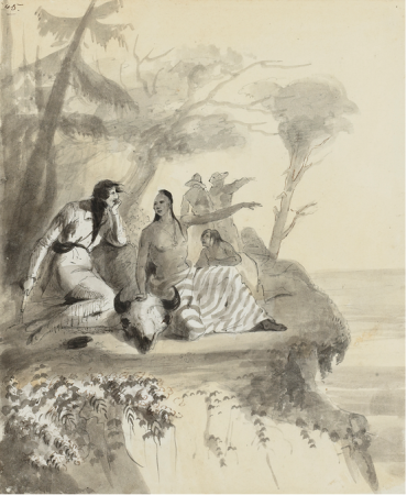 AN INDIAN COMPLAINING OF THE WHITES HAVING DESTROYED THE GAME IN THEIR COUNTRY, POINTING TO A PLAIN, WHICH WAS ONCE COVERED WITH BUFFALO - AS FAR AS THE EYE COULD SEE - NOW WITHOUT A SIGN OF ANIMAL LIFE, Alfred Jacob Miller, Executed circa 1837.