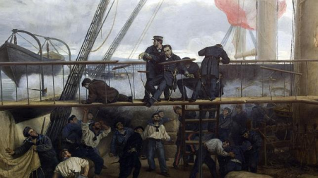 Moment when Brigadier Casto Méndez Núñez falls wounded on the bridge of the frigate Numancia in front of the forts of El Callao (May 2, 1866), Antonio Muñoz Degrain, 1878