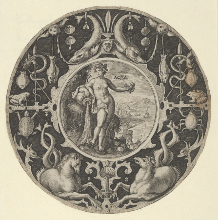 'Aqua' in a Decorative Border with Sea Creatures, from a Series of Circular Designs with the Four Elements, Crispijn van de Passe the Elder, between 1590 and 1612
