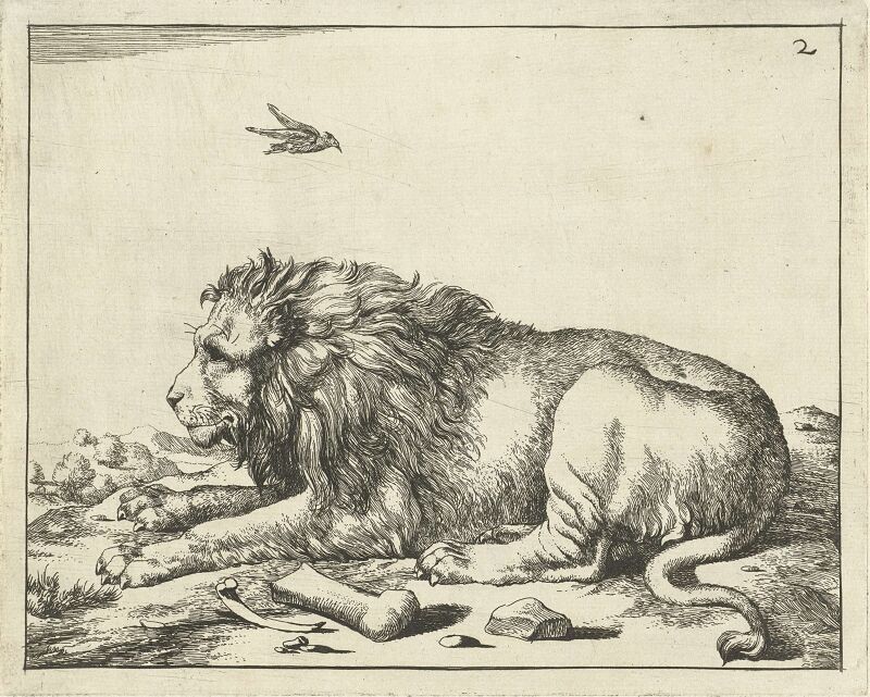 Reclining lion with bird above it, Marcus de Bye