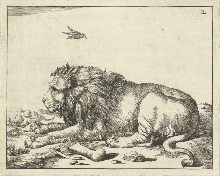Reclining lion with bird above it, Marcus de Bye