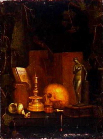 Vanitas still life in a niche with ivy vines, Joannes de Cordua, between 1650 and 1702