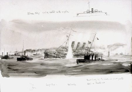 Annotated study of the liner 'Justicia' under tow after being torpedoed by UB64 and UB124 RMG PV3953, William Lionel Wyllie, circa 1918