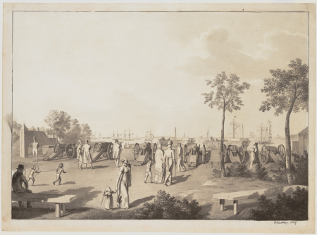 The Harbour of Copenhagen from the Esplanade between Langelinie and Toldboden; verso: Sketch of a Standing Man, Christoffer Wilhelm Eckersberg, 1809