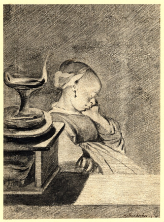 Study of a young serving-woman asleep beside a lamp, Dirck Helmbreker, between 1653 and 1696