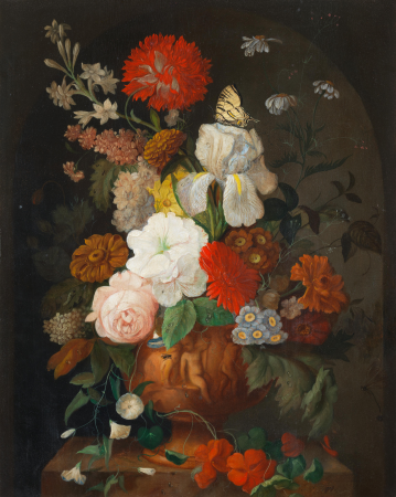 An Iris, roses, auriculas and other flowers in an urn on a stone ledge, with a butterfly, Franz Xaver Petter