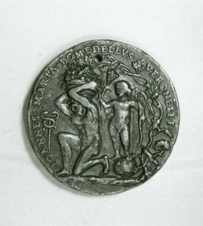Portrait medal of an Unknown Lady (obverse); A Kneeling Man with a Basket of Fruit, Cupid, and the Caduceus of Mercury (reverse), Gianmaria Pomedello