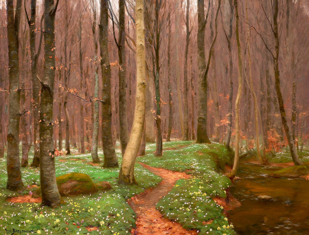 Beech forest with anemones in bloom and a small stream., H. A. Brendekilde, between 1875 and 1942