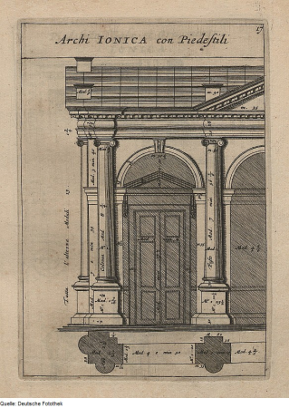 Arch architecture (Ionic order) in elevation and floor plan, 1664