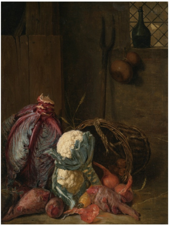A vegetable still life with a red cabbage, together with caulifllower, beetroot and onions in a wicker basket, Pieter Snyers