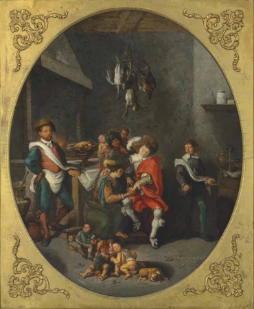 The interior of a kitchen with a fortune teller reading the palm of a finely dressed gentleman, with other figures and children;, Simon de Vos, 1639