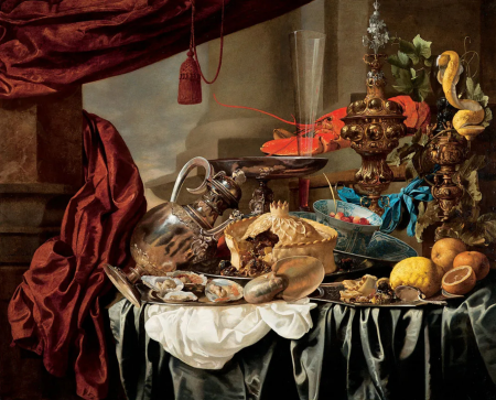 Opulent Still-Life with Silver and Gilt Metal Objects, Nautilus Shell, Porcelain, Food and Other Motifs on a Draped Table, Carstian Luyckx, circa 1650