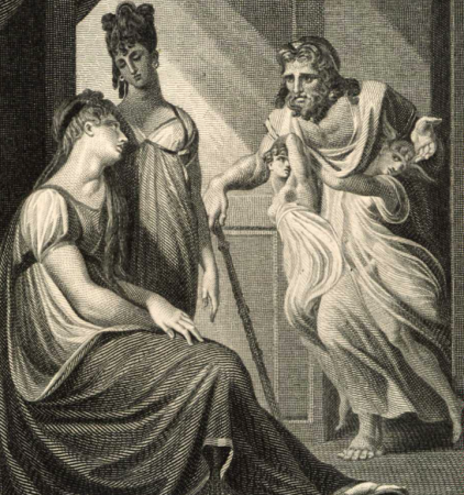 Thetis praying Hephaestus to forge weapons for Achilles from Vignettes for Homer ca. 1805. by engraver E Smith and painter J H Fussli-cropped, 1805