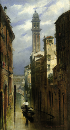 Venice: View over a canal with a gondolier, a campanile in the background, Ludwig Dittweiler