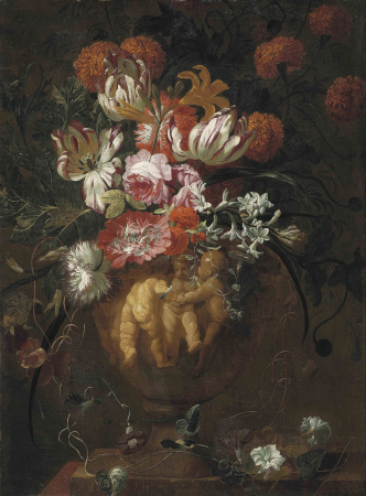 Roses, tulips and other flowers in a sculpted urn with putti in relief, on a ledge, Jan Baptist Bosschaert, between 1685 and 1746