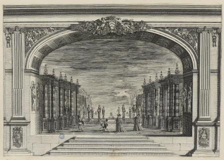 Frontispice et scènes de la tragicomédie Mirame, Une scène du IIe acte 4 personnages dont un homme à genoux devant u, GDUT2032, Stefano della Bella, En 1641