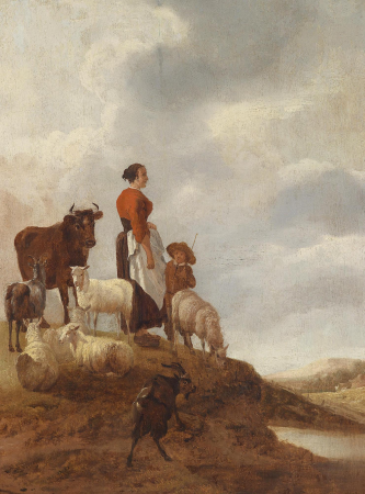 Landscape with a peasant woman and child and grazing cattle, Jan Baptist Wolfaerts, between 1644 and 1680