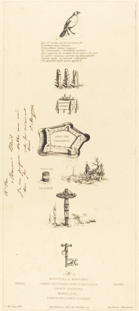 Rébus: "Béranger ne fut véritablement fort, car il n'eut jamais la clef des champs" (Rebus: "Beranger was not really strong, for he never had the key of the fields"), 1864
