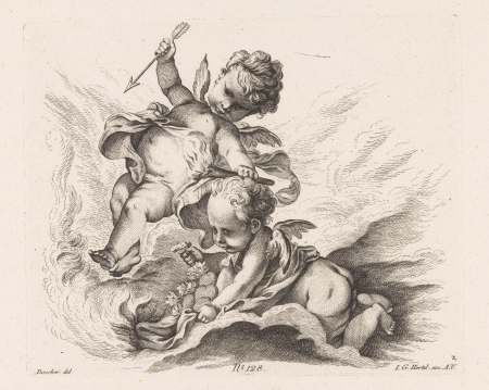 Putti met pijl en toorts Putti (serietitel), RP-P-1916-520, Johann Georg Hertel, between 1705 and 1775