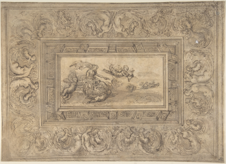 Design for a Ceiling with a Woman (Aurora?) in a Chariot and Putti (Recto). Design for an Ornamental Frieze (Verso)., Marco Angolo del Moro, 1537–86