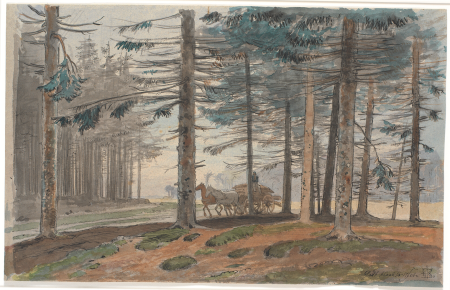Spruce forest with a road on which a horse-drawn cart with a load of firewood drives. In the background a clearing in the forest, Johan Lundbye, 1848