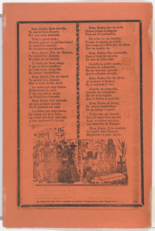 Broadside containing on recto, the legitimate verses of Lino Zamora brought from Real de Zacatecas (image of toreador and bull by Manilla) and a funeral scene on verso (?Posada), José Guadalupe Posada, 1902 (published)