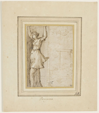 Parmigianino - Une cariatide, et vue d'un temple au loin, INV 6498, Recto, Parmigianino