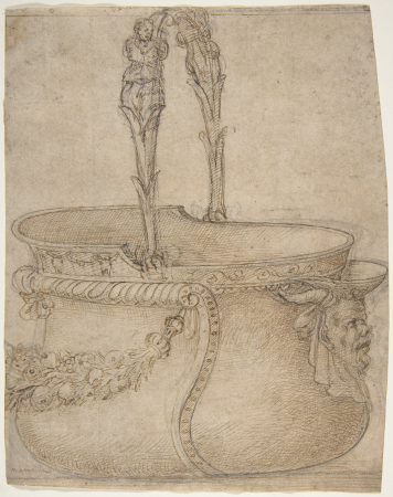 Design for a Bucket-Like Vessel with a Handle of Two Interlaced Captives, on a Body Adorned with a Scroll, Garland, and a Spout with a Satyr's Head., Girolamo Genga, 1540–50