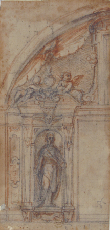 Scheme for an Architectural Decoration with a Standing Male Figure in a Niche, Fabrizio Boschi, between 1572 and 1642