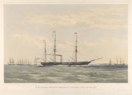 H.M. Steam Frigate Bulldog steaming into Kioge Bay with Her Britannic Majesty's Minister at Copenhagen on board - The Bearer of the Declaration of War with Russia by England RMG PY0933, Thomas Goldsworthy Dutton, 17 April 1857